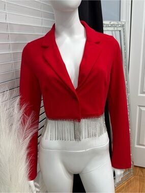 Obsession Rules Red Cropped Blazer with Crystal Fringe